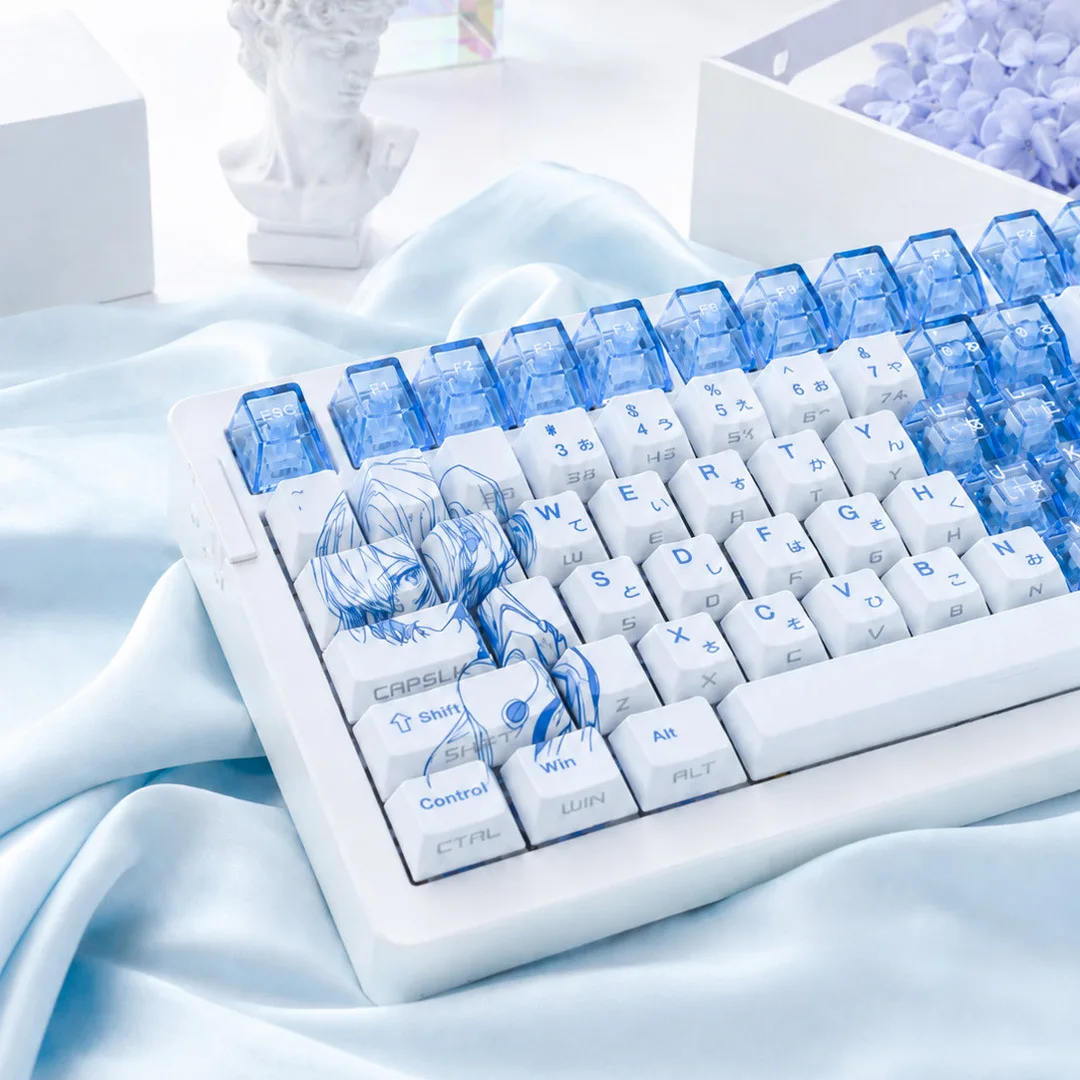 White Anime South Facing Backlit Keycap for Keyboard Cherry Profile White and Blue Design Combining PBT and PC 74/129/149  Keys