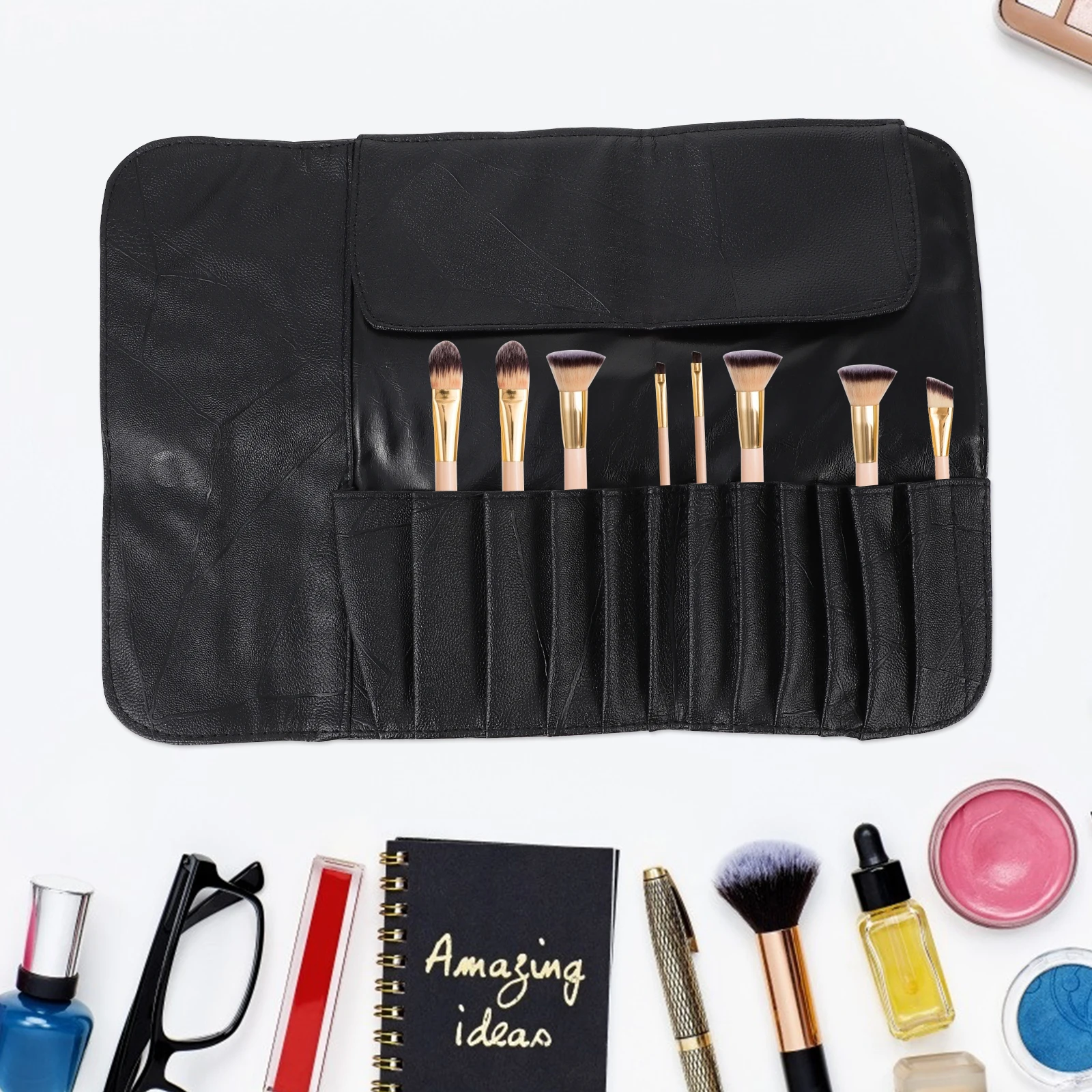 

Makeup Brush Rolling Case Travel Portable Bag Organizer Black Imitation Elegant Style For Women Girls