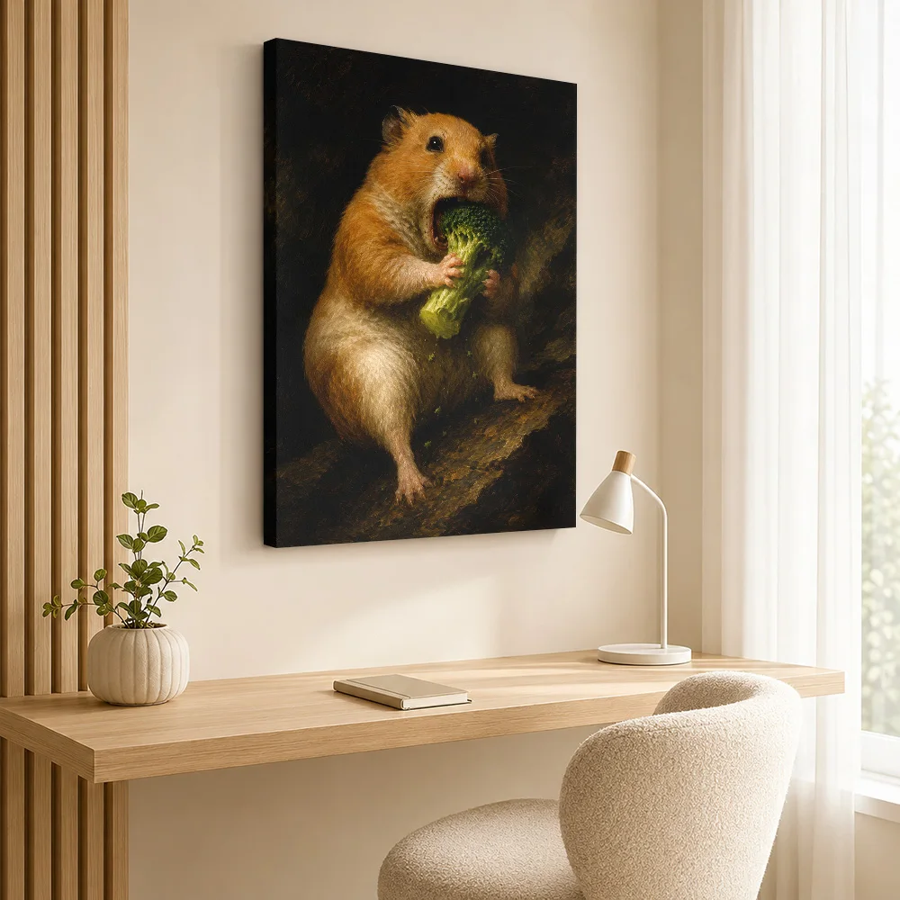 Hamster Eating Broccoli Animal Wood Framed Canvas Poster Customized Photo Culinary Illustration Wall Art For Cafe Birthday Gift
