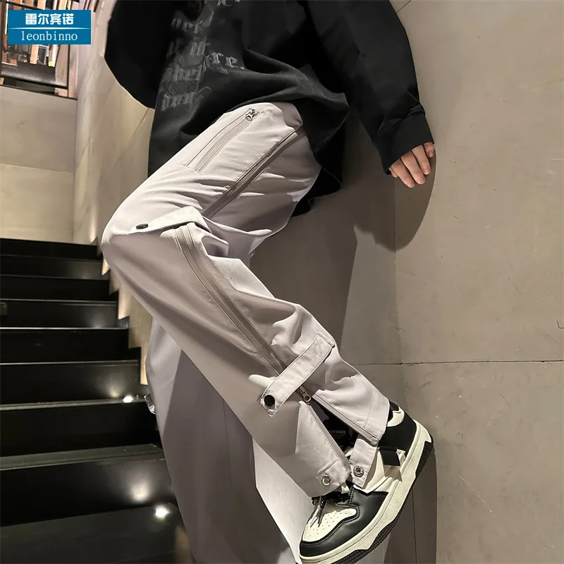 

Loose Fit Men's Autumn Winter American Style Trendy Ins Zipper Slit Cargo Pants Functional Straight Leg Casual Trousers