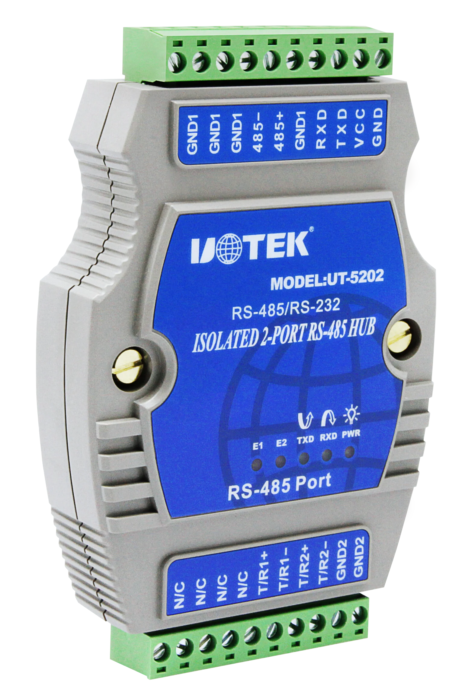 Industrial RS485 HUB  RS232/RS485 to 2 Port DIN-Rail RS485 Active Isolated Converter HUB  UOTEK UT-5202