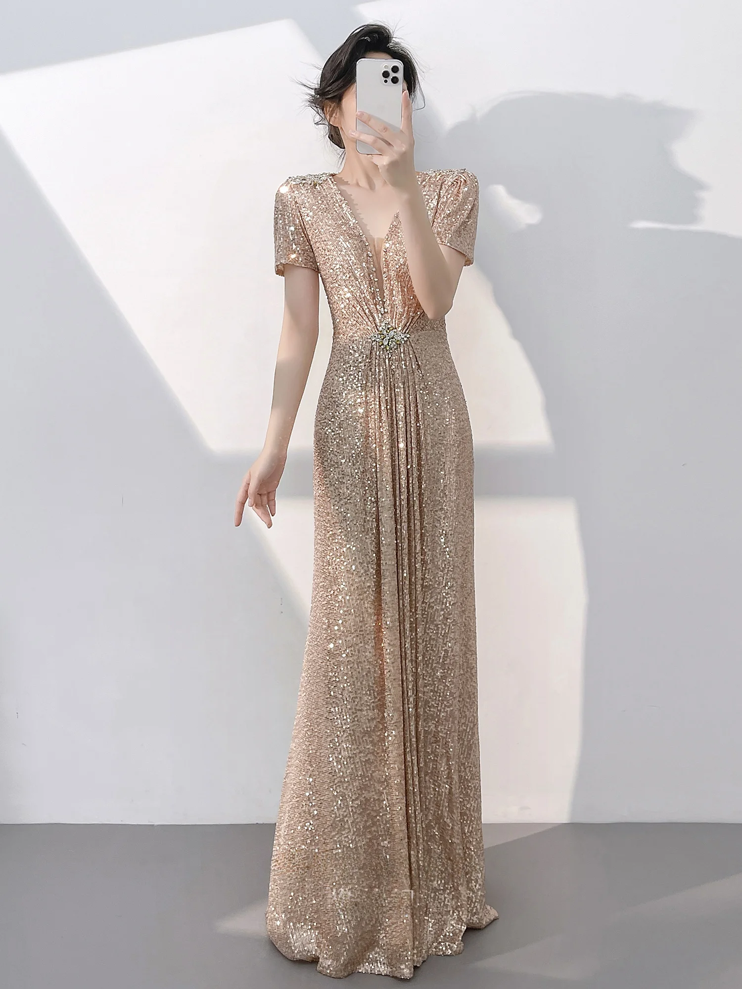 

Элегантное вечернее платье Ele Rose Gold для женщин: роскошное, с блестящими пайетками, длинное, с V-образным вырезом, в пол, для свадьбы или торжественных мероприятий