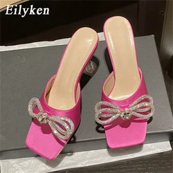 Eilyken Glitter Crystal Butterfly-knot Slippers Women Fashion Square Toe Transparent Low Heels Female Summer Slides Shoes