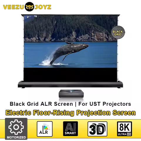 Electric Floor Rising ALR UST Projection Screen Black Grid Tab Tension 150 Ambient Light Rejecting for UST/Laser Projector 3D 8K