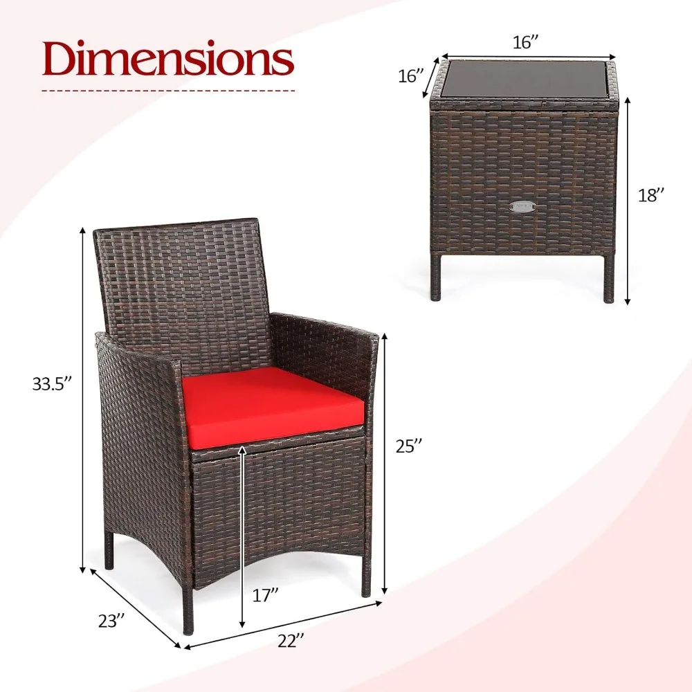 3-Piece Outdoor Rattan Furniture Set with Cushioned Sofa and Tempered Glass Tabletop