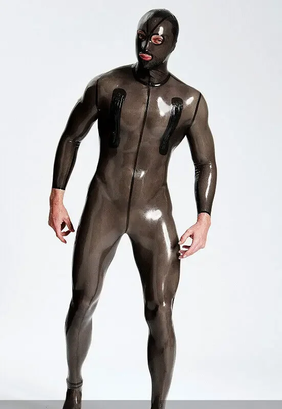 Combinaison Catsuit Grau en Latex et Caoutchouc, Ensemble avec Fermeture Éclair sur la Poitrine, Masque de ix