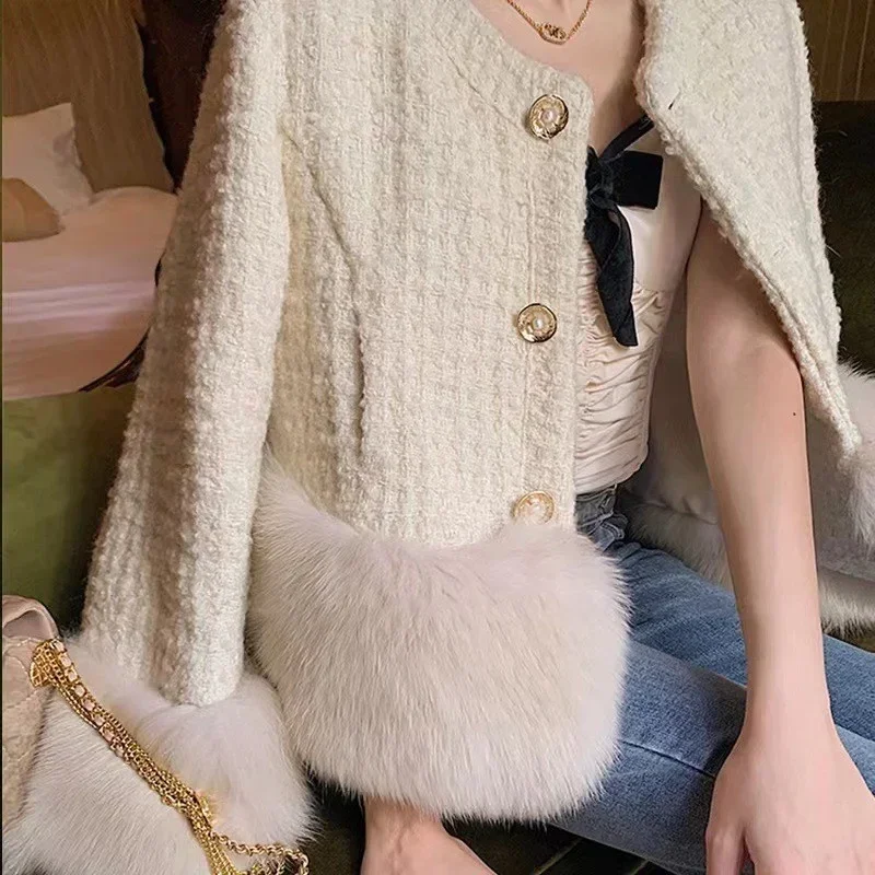 2024 New Arrival Luxury Fashion Fall Winter Womens Full Sleeve Cashmere Braid Tweed Fur Pearls Button Casual Thick Warm Jackets