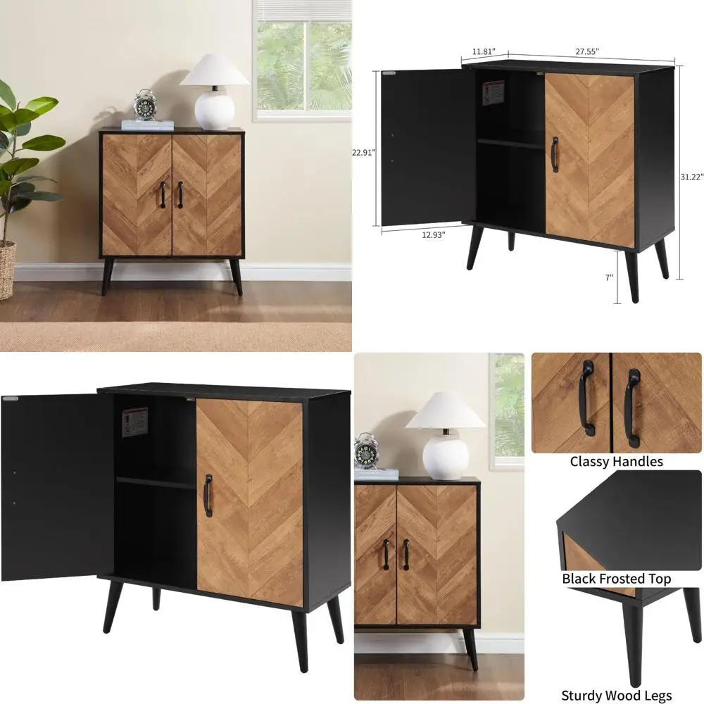 Gabinete decorativo con estante ajustable, almacenamiento de cocina en espiga, aparador de salón negro