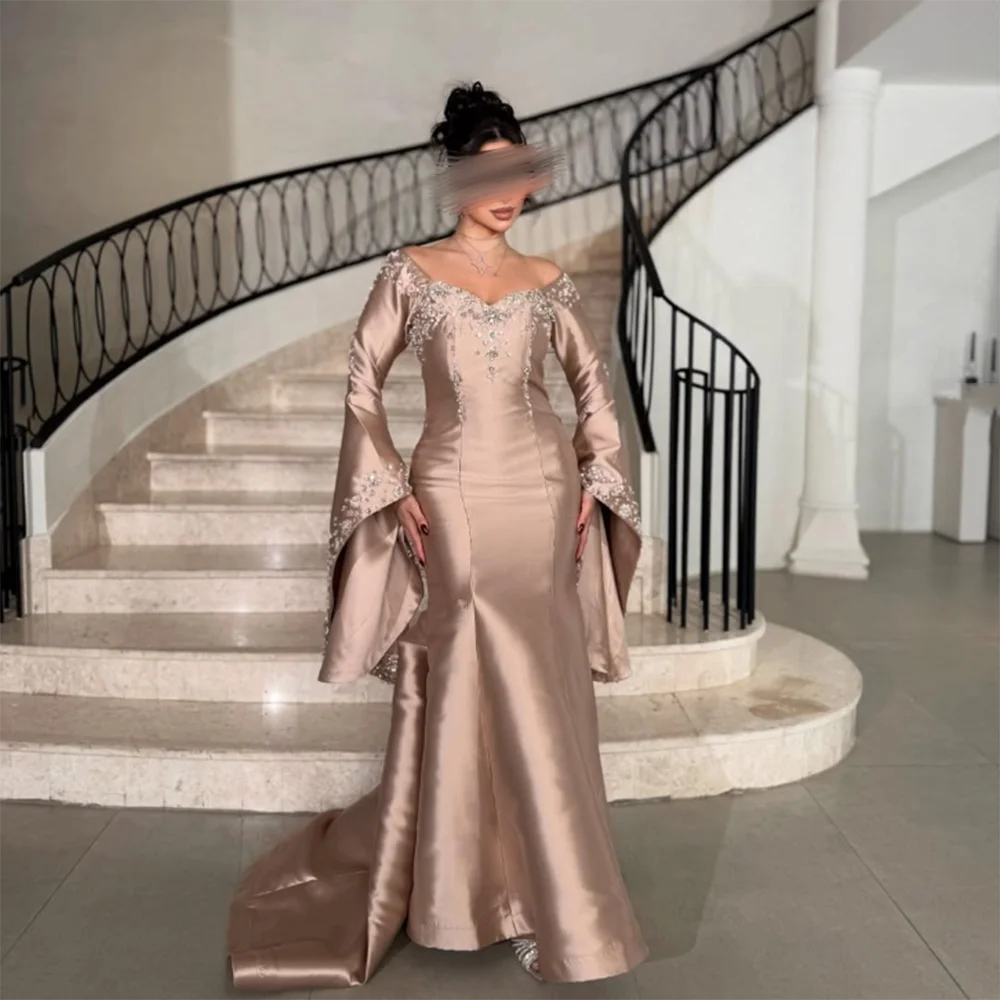 

Вечерние платья с v-образным вырезом по индивидуальному заказу, с длинным рукавом, со стразами, бисером, расшитое блестками, платье русалки для выпускного вечера, изысканное длинное атласное вечернее платье