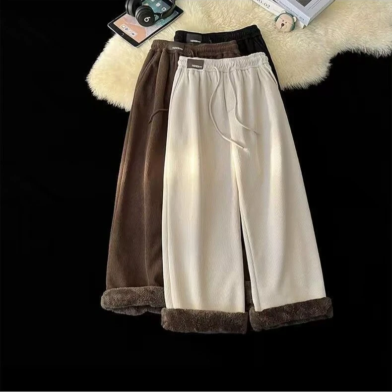 

Бархатные широкие брюки с высокой талией, женские зимние новые уличные брюки из утепленной вельветовой кожи ягненка, женские повседневные брюки для ленивых бега