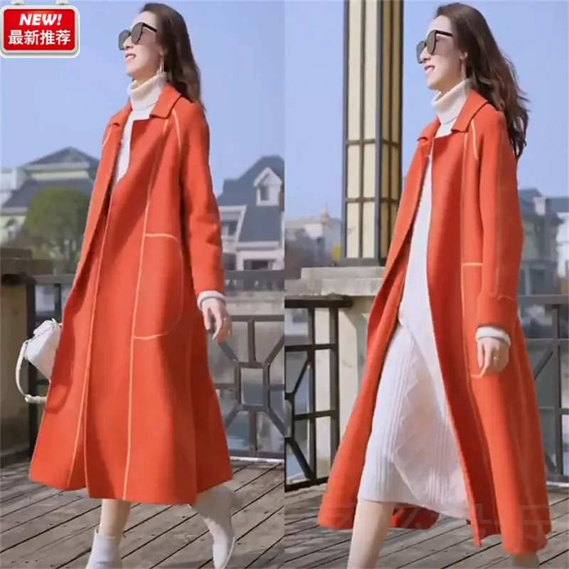 2022 Spring Autumn Models The Latest High-End Big-Name Orange Trench Coat Mid-Length Temperament Woolen Coat Women Knee-Length