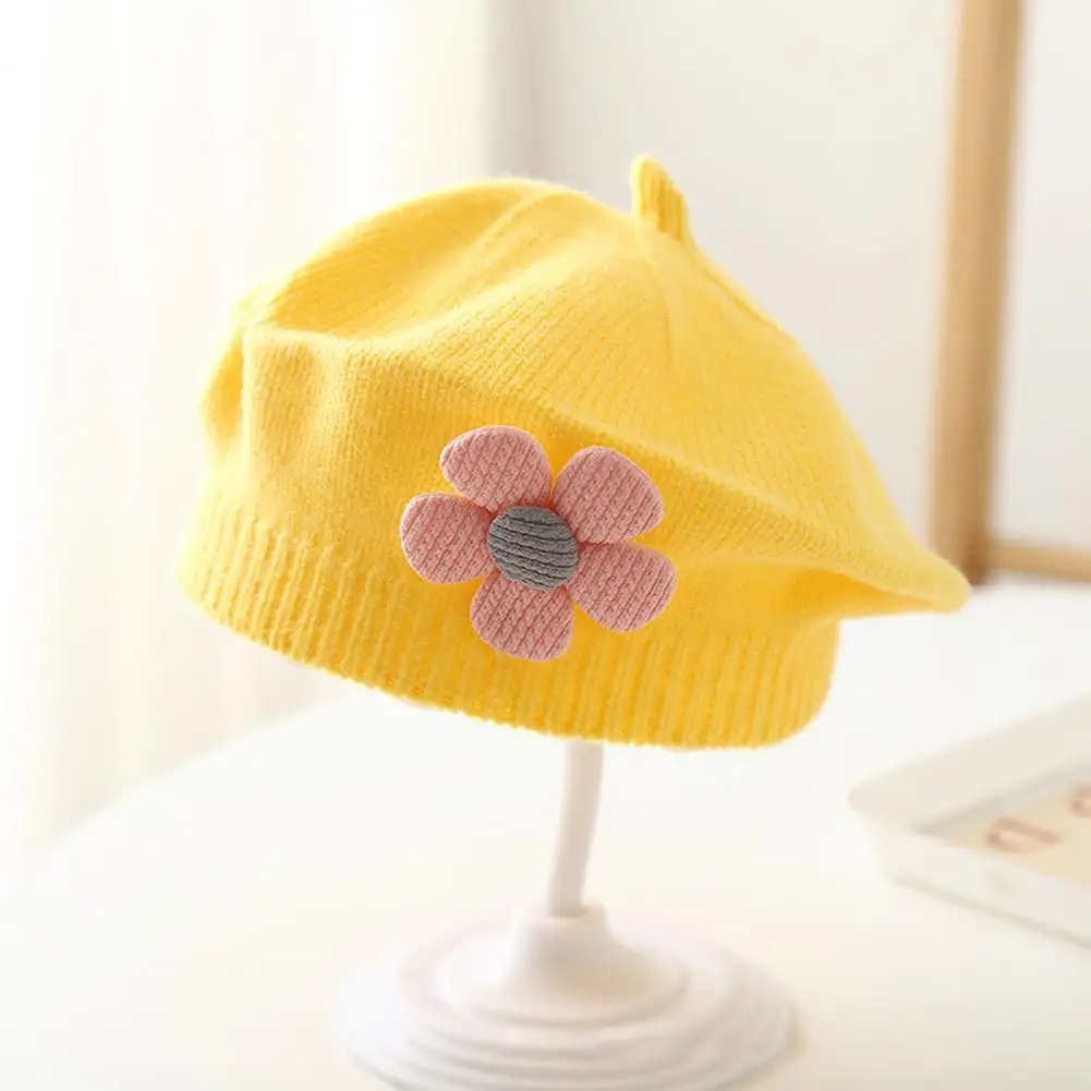 Solid Color Toddler Beanie Children's Knitted Winter Hat with Flower Decor Anti-slip Elastic Band Cute Painter Cap for Daily