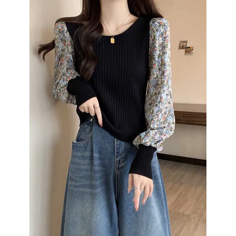 Fashion O-Neck Korean Spliced Floral Puff Sleeve T-Shirt Female Clothing 2024 Spring New Loose Casual Tops All-match Tee Shirt