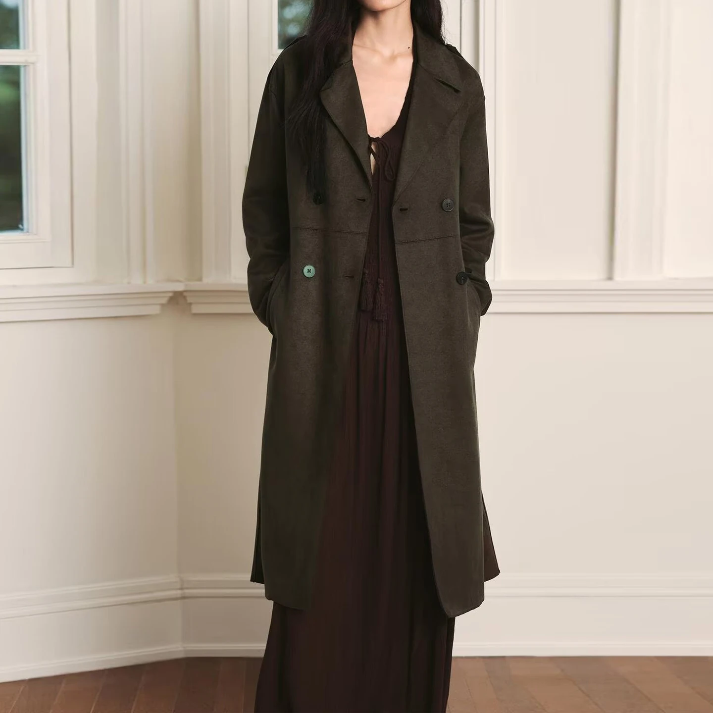 

Z 2025 New Faion Long Length Anti-Fur Leather Effect Women's Coat Individuali Simple Sle Double Breasted Button Pu...