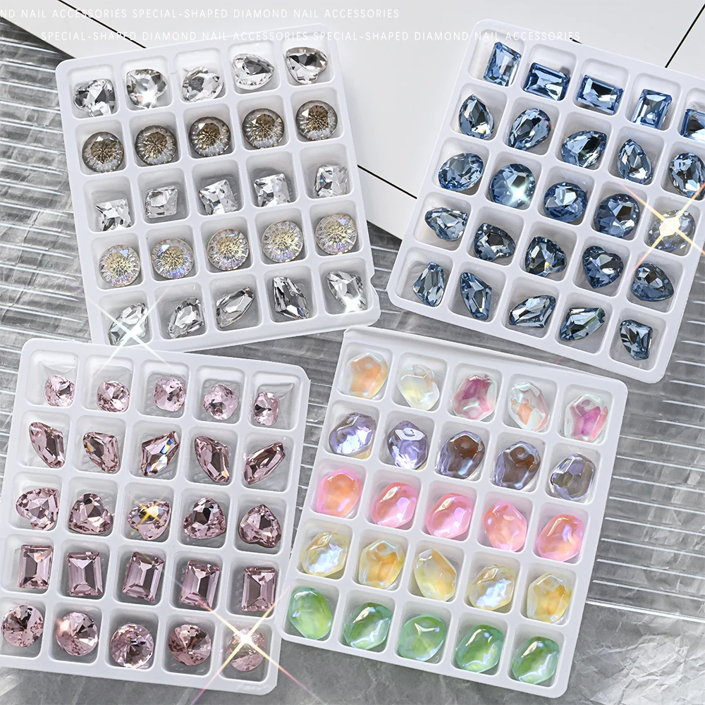 25 กริดผสมไม่สม่ําเสมอ K9 เล็บ Rhinestone Aurora/สีชมพู/สีฟ้า/สีเขียวหัวใจรูปไข่น้ํา-DROP Shape เล็บ Charms อัญมณี DIY เล็บอัญมณี