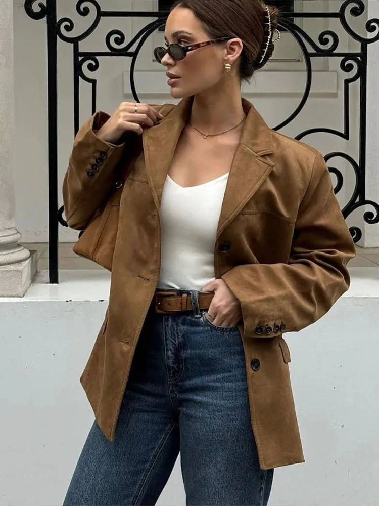 TRAFZA 2024 Women\'s Winter Fashion Solid Color Blazer Lapel Pocket Decorated Casual Top Women\'s Loose Short Coat Street Jacket