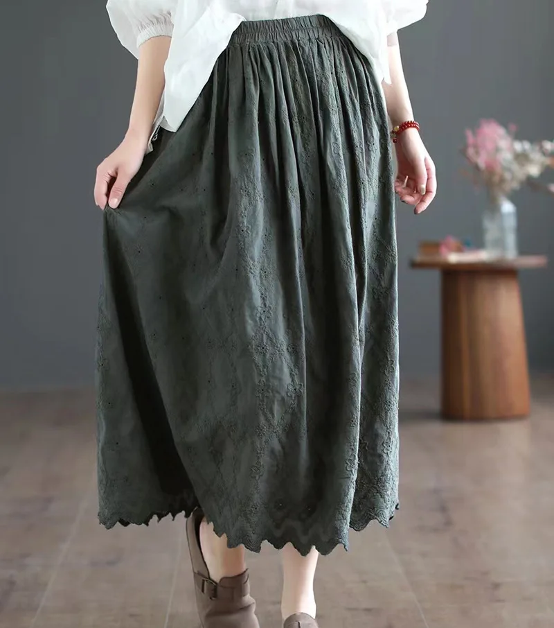 New Summer Cotton A-Line Skirts Women Elastic Waist Embroidery Retro Skirt Mori Girl Versatile Wave Skirt 2024 Autumn B46251QC