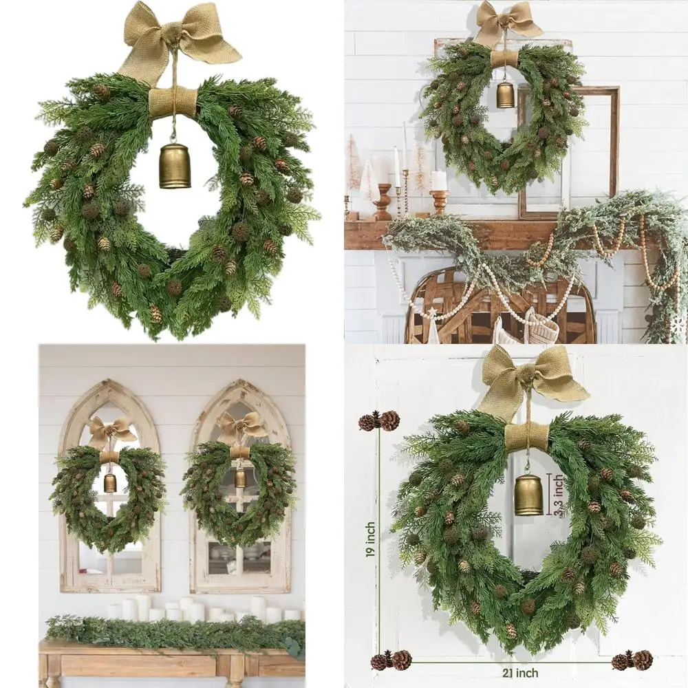 

21 Artificial Cypress Wreath with Bells, Bow, and Pinecones for Outdoor/Indoor Christmas Decor