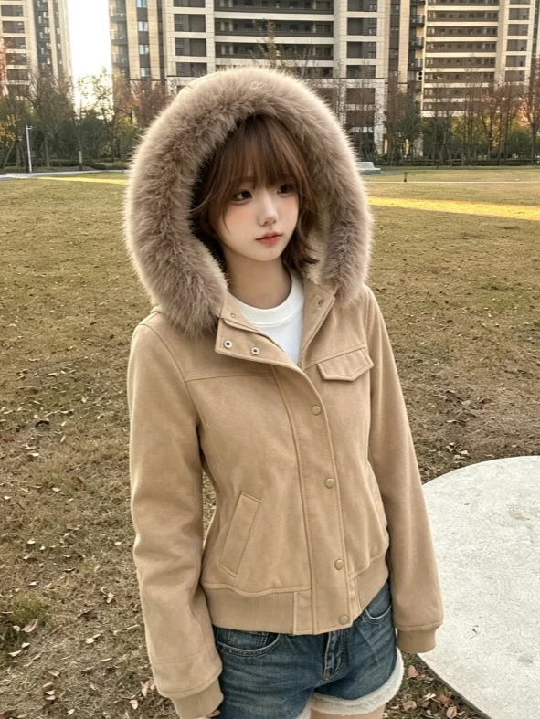 Y2K American Vintage Women Faux Fur Parkas 2026 Autumn Cotton‑padded Jacket Korean Fashion Warm Casual Outer Tops Coats