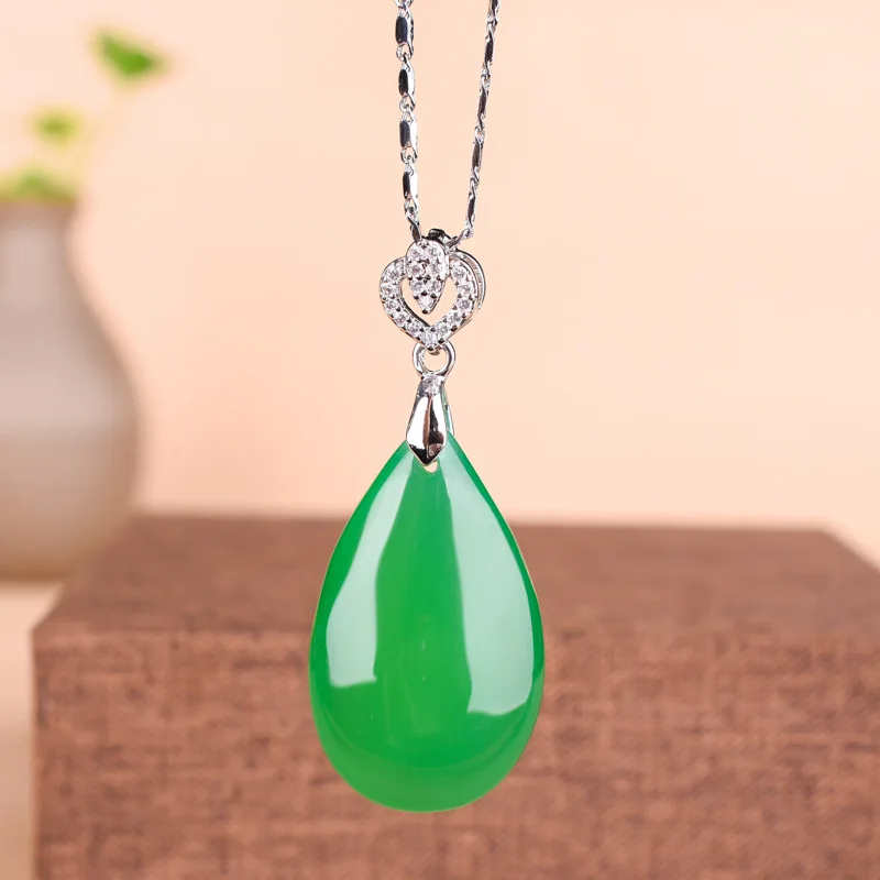 Natural Ice Green Chalcedony Water Drop Pendant 925 Silver Inlaid Agate Necklace Exquisite Fashion Women Jewelry Party Gift