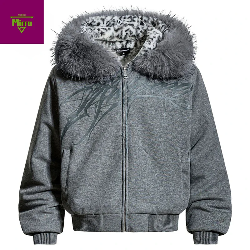 سترات شتوية بياقة من الفرو للرجال معاطف باركاس دافئة من القطيفة سترات مبطنة كبيرة الحجم ملابس الشارع سترات هاراجوكو هيب هوب #1