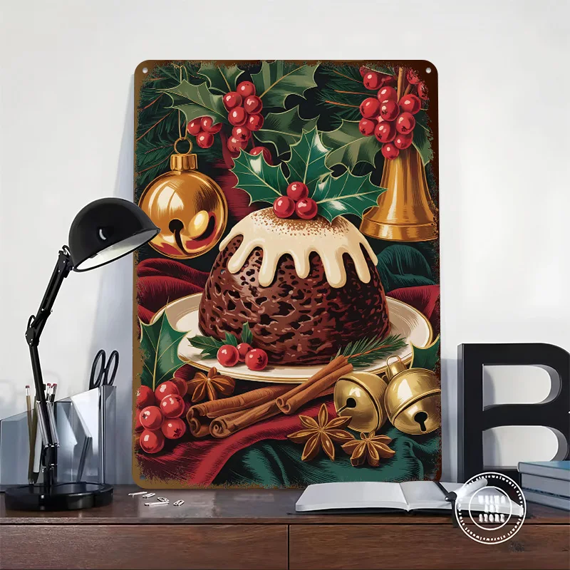 Festive Christmas Pudding Still Life Printing Poster Customized Retro Wall Art Vintage Metal Signs for Room Bar Accessories Home