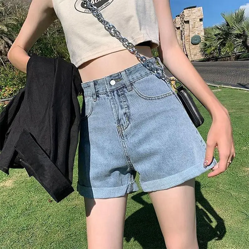 Summer  High Waist Slimming Denim Shorts Women's Loose A-Line Outerwear Cuffed Wide Leg Hot Pants Trendy Ins Shorts