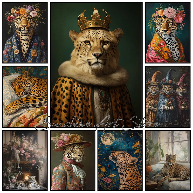 Leopard Art Victorian Renaissance Portrait Modern Leopard Bathtub Magic Cheetah Crown Poster Canvas Painting Wall Pictures Decor
