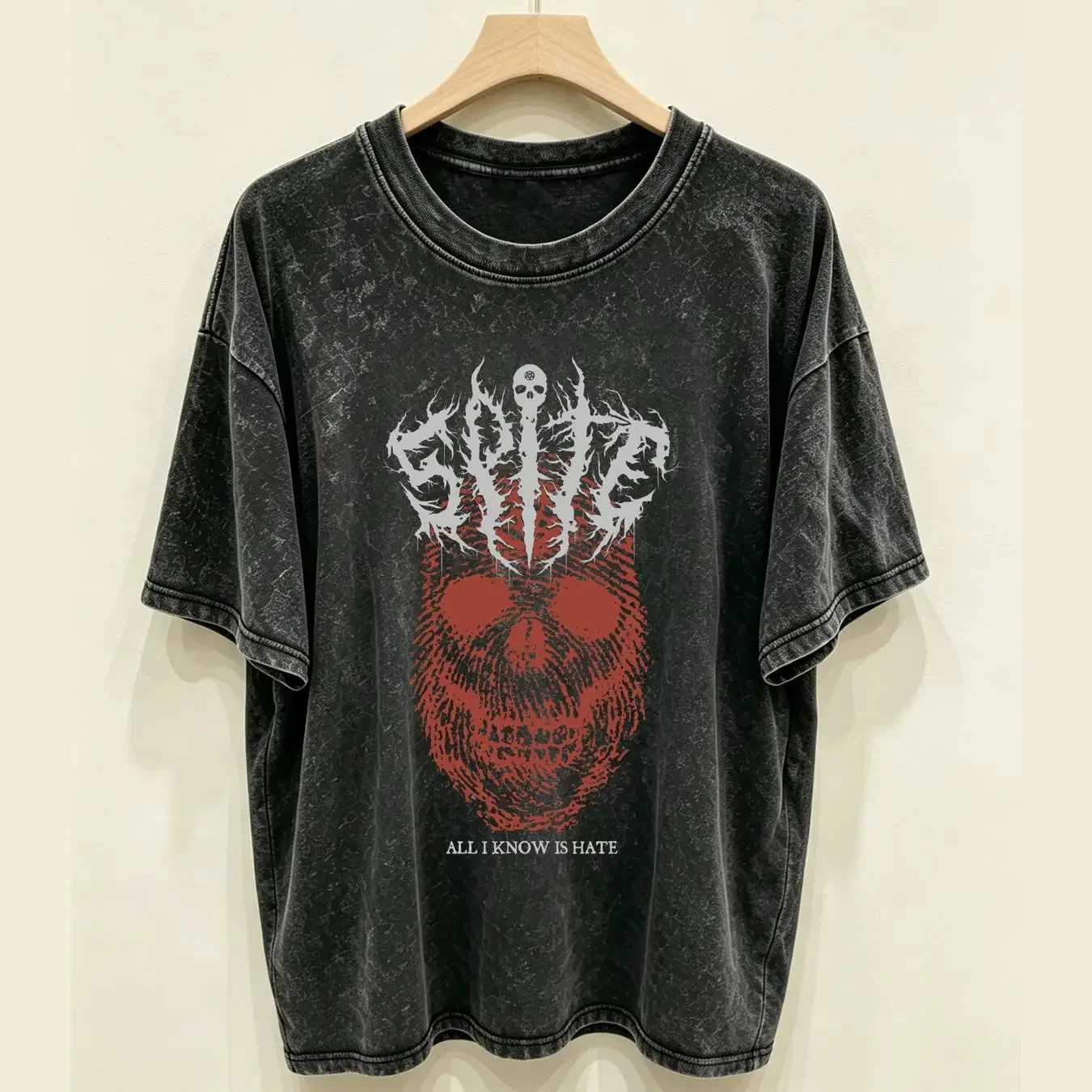 washed T Shirt Heavy Metal band Spite All I Know Is Hate Man Fashion Black White Color vintage Washed Slightly Versatile Unisex