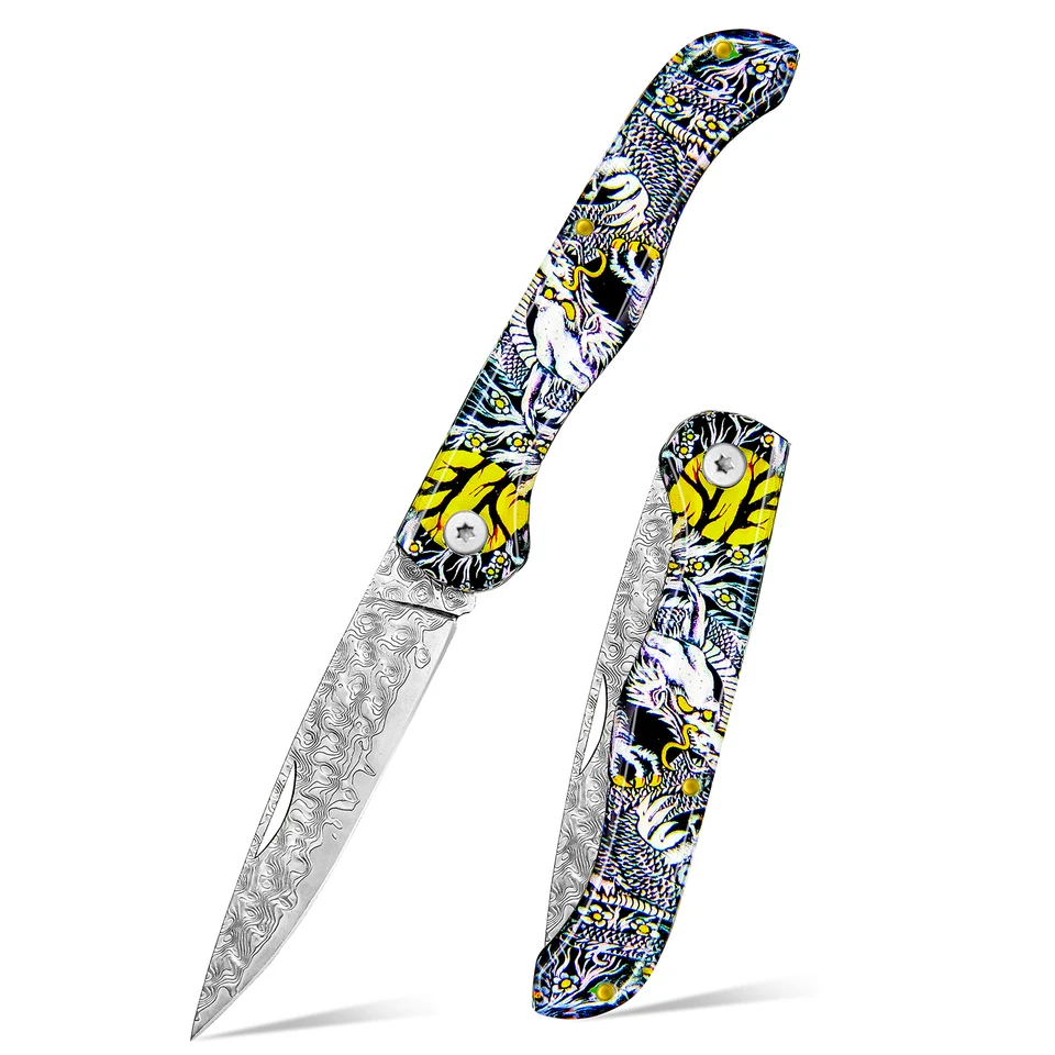 Artistic Damascus Folding Pocket Knife with Printed Handle