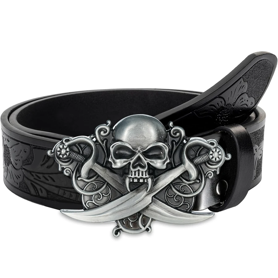 Skeleton Knife Belt Exquisite Carved Large Plate Buckle Alloy Buckle for Men and Women - Irregular Pattern Carved Flower Long Ho