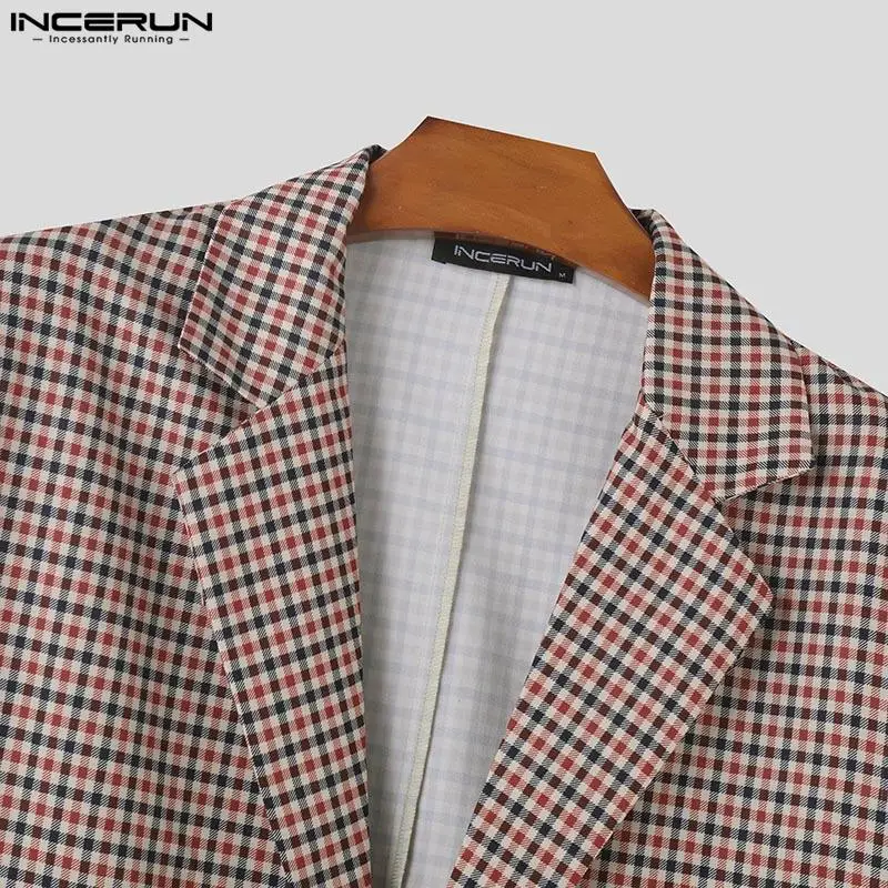 INCERUN Men Clothing Fashion Plaid Long Sleeve Men Thin Blazer Autumn Suits Male Streetwear Oversized Lapel  Outerwear S-5XL