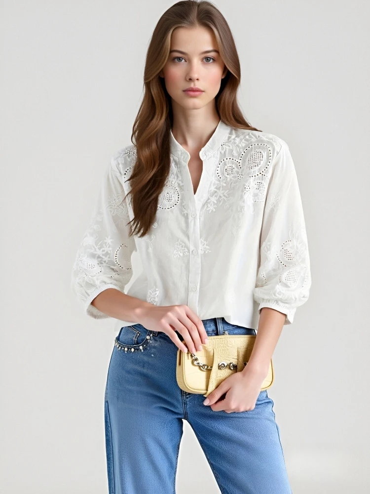 

Элегантная белая жаккардовая рубашка с рукавами семь четвертей, весна и осень, новый однобортный женский топ с v-образным вырезом, повседневная свободная блузка