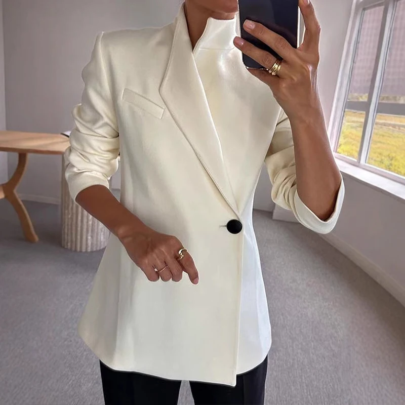 New Fashion One Button Formal Jacket Autumn Winter New Long Sleeve Women's Commuting Blazers Chic Stand Collar Solid Satin Coat