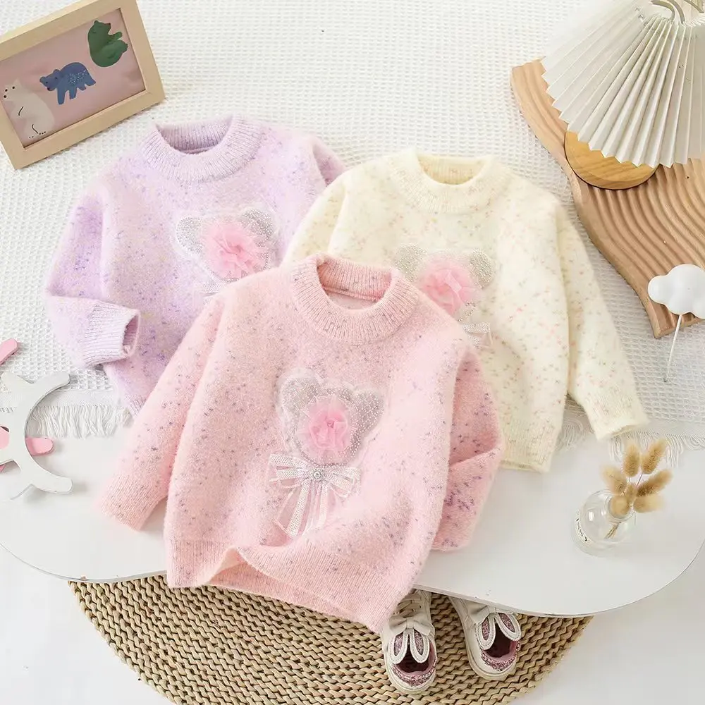 

2026 Autumn And Winter New Children's Styles Pullover Sweater,The Cartoon Applique Knitted Sweater For Girls Is Stylish And Warm