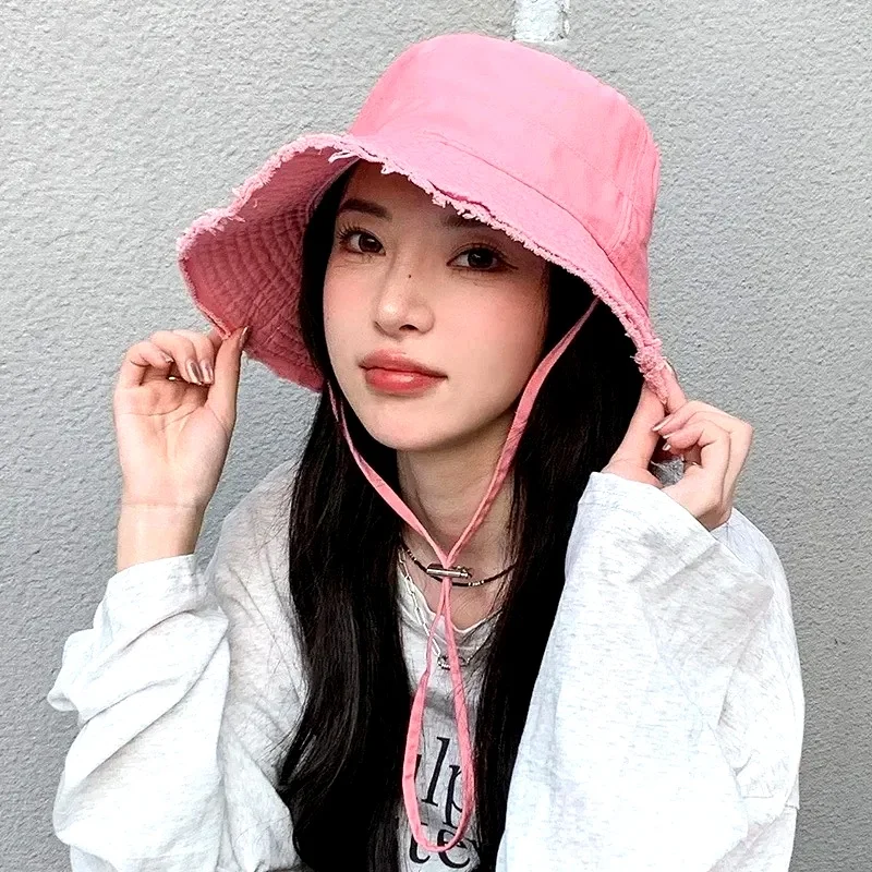 Summer Fisherman Cap for Women Korean Pink Large-Brimmed Bucket Hat Outdoor Beach Travel Sunshade Panama Hats