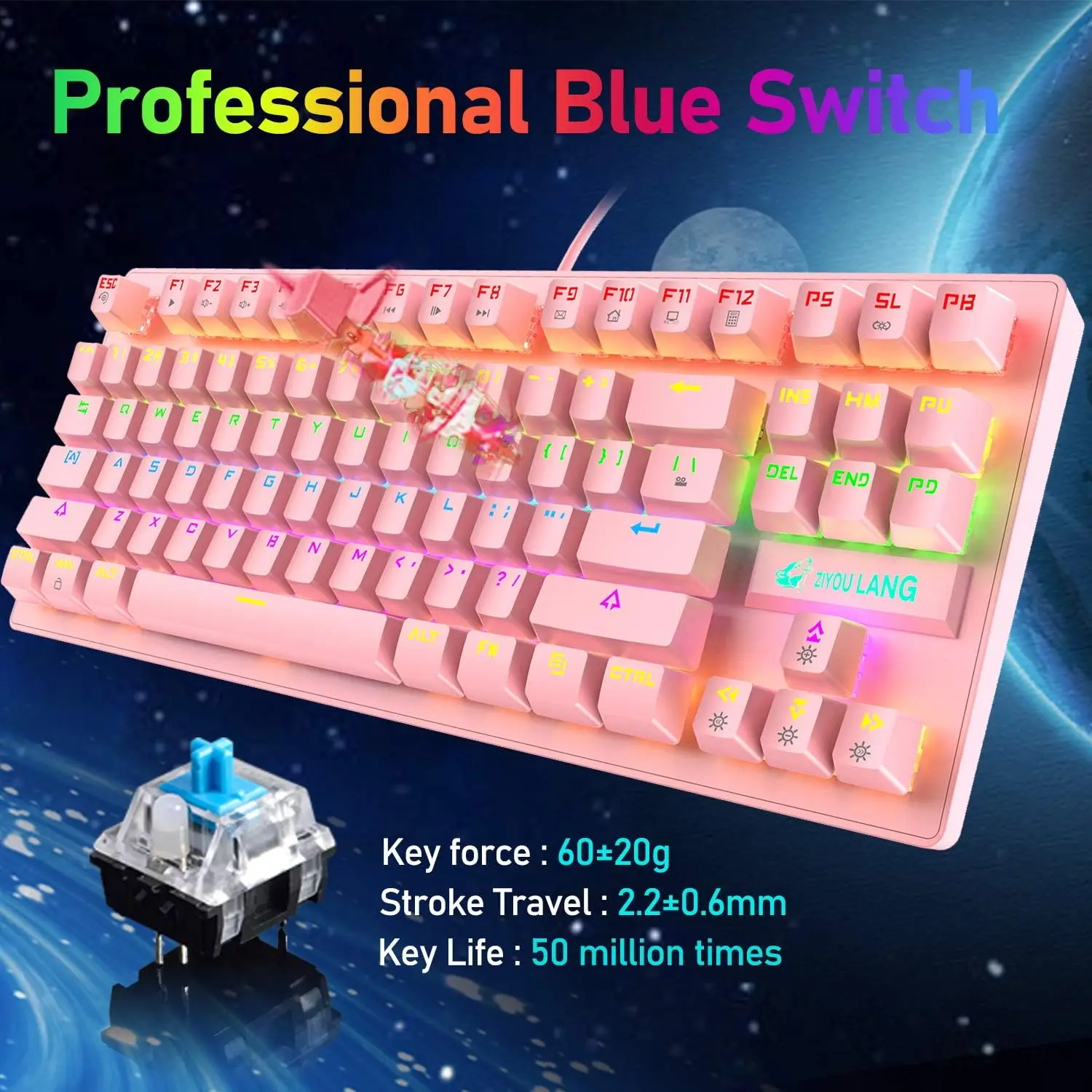 MAMBASNAKE x ZIYOU LANG Wired K2 Rosa blu Switch set tastiera e mouse da gioco set tastiera e mouse da gioco Mini 87 tasti