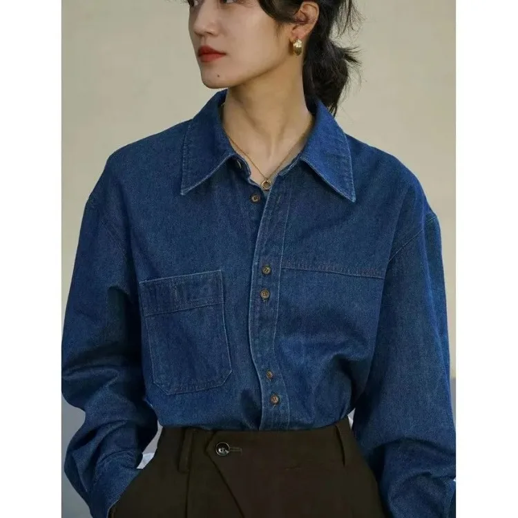 Retro Hong Kong Sle Women's Denim irt Spring Autumn Thin Design Long Sve Layering Outerwear Casual Faion Resistant t...