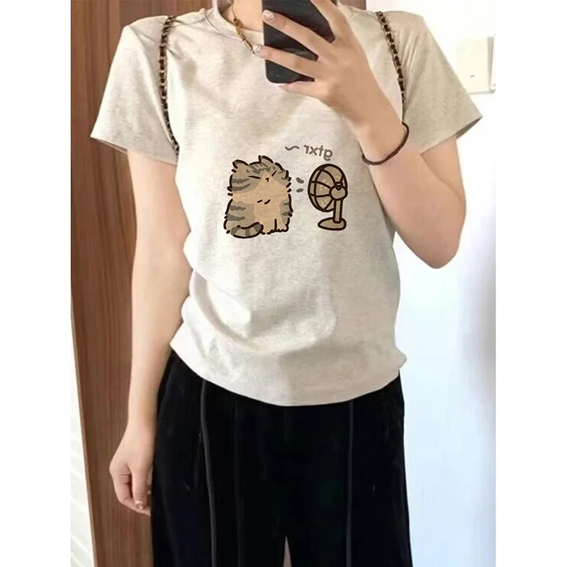 Slim Fit Short Sleeve T-Shirt Women's Summer Trendy Brand Shoulder Width Regular Cotton Print round Neck Casual Top