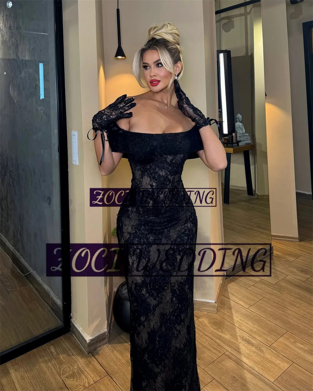 Zoci كلاسيكي أسود مسلم حورية البحر الدانتيل فساتين لحضور الحفلات الموسيقية قبالة الكتف فستان الحفلات المسائية خمر المرأة السعودية ثوب زفاف رسمي
