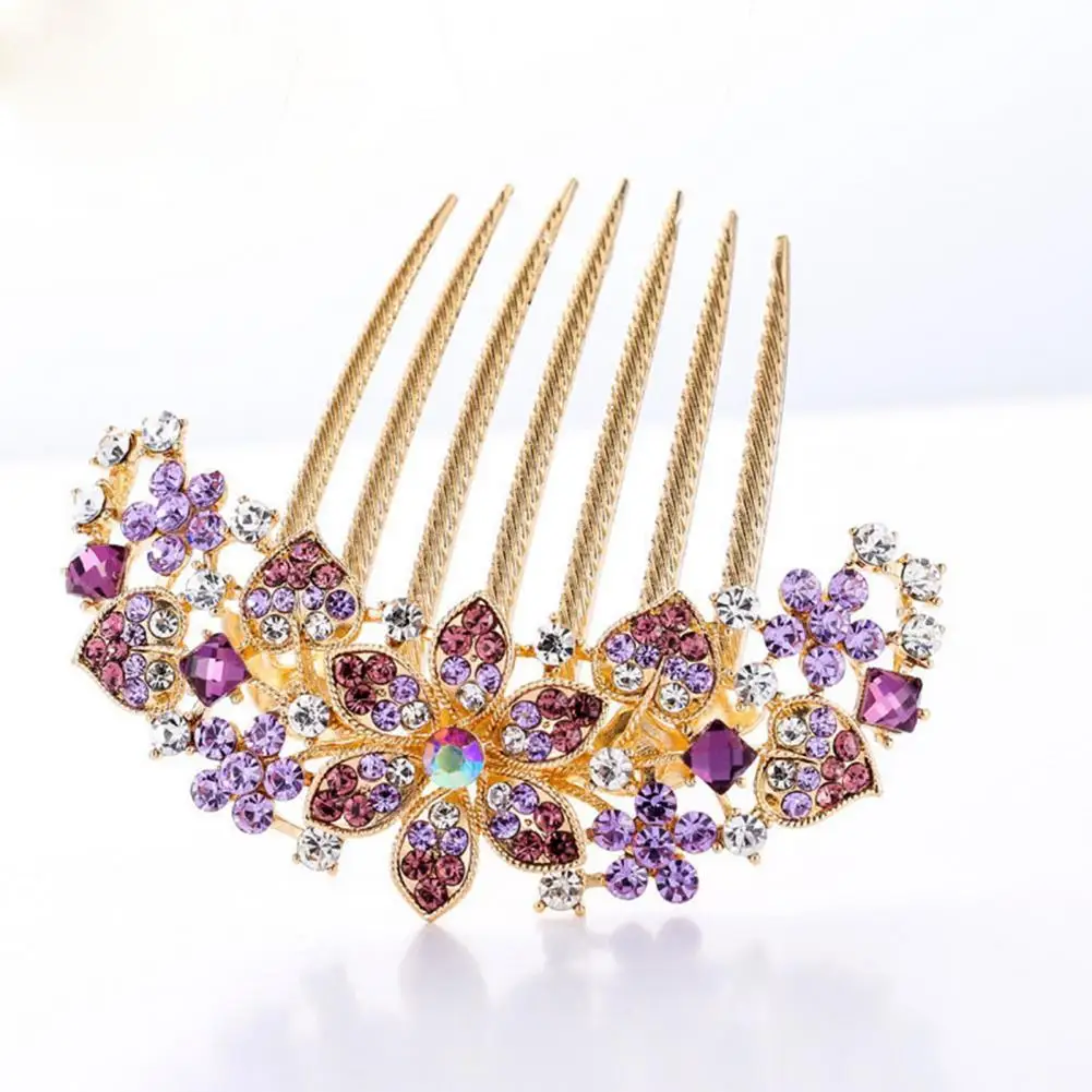 Headwear  Classic Rhinestone Hollow Out Flower Colorful Hair Ornament 7 Teeth Wedding Hair Clip Sturdy   for Dating