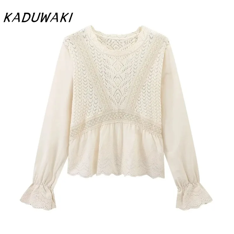 

KADUWAKI Korean Version New Women's Clothing Fashion Casual Long Sleeve O Neck Mesh Jacquard Splicing Versatile Knitted T-Shirts
