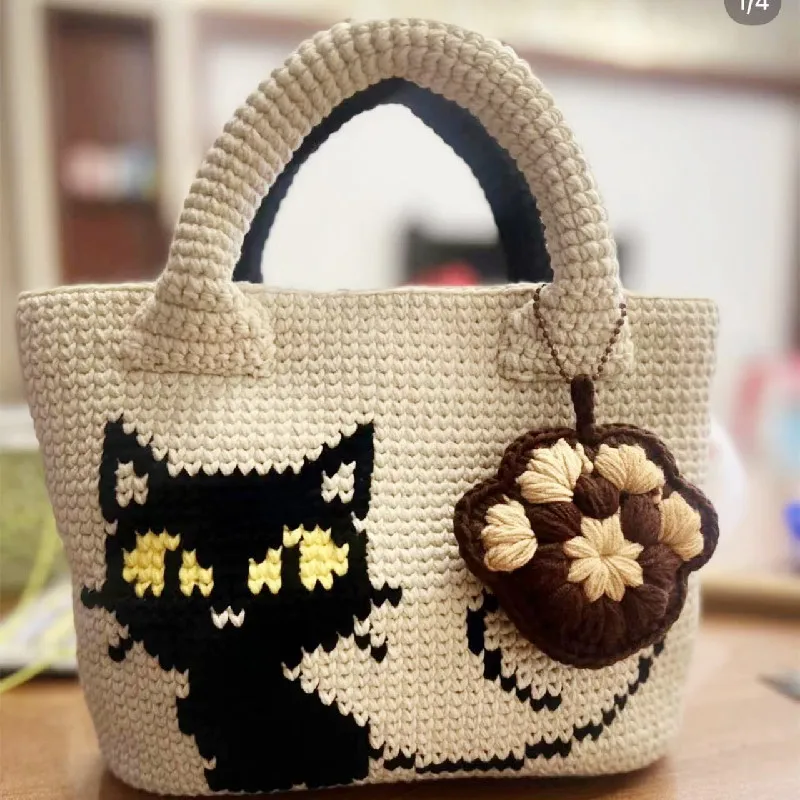 Handmade crochet exquisite black cat handbag shopping bag cute cat claw makeup bag crossbody bag key bag