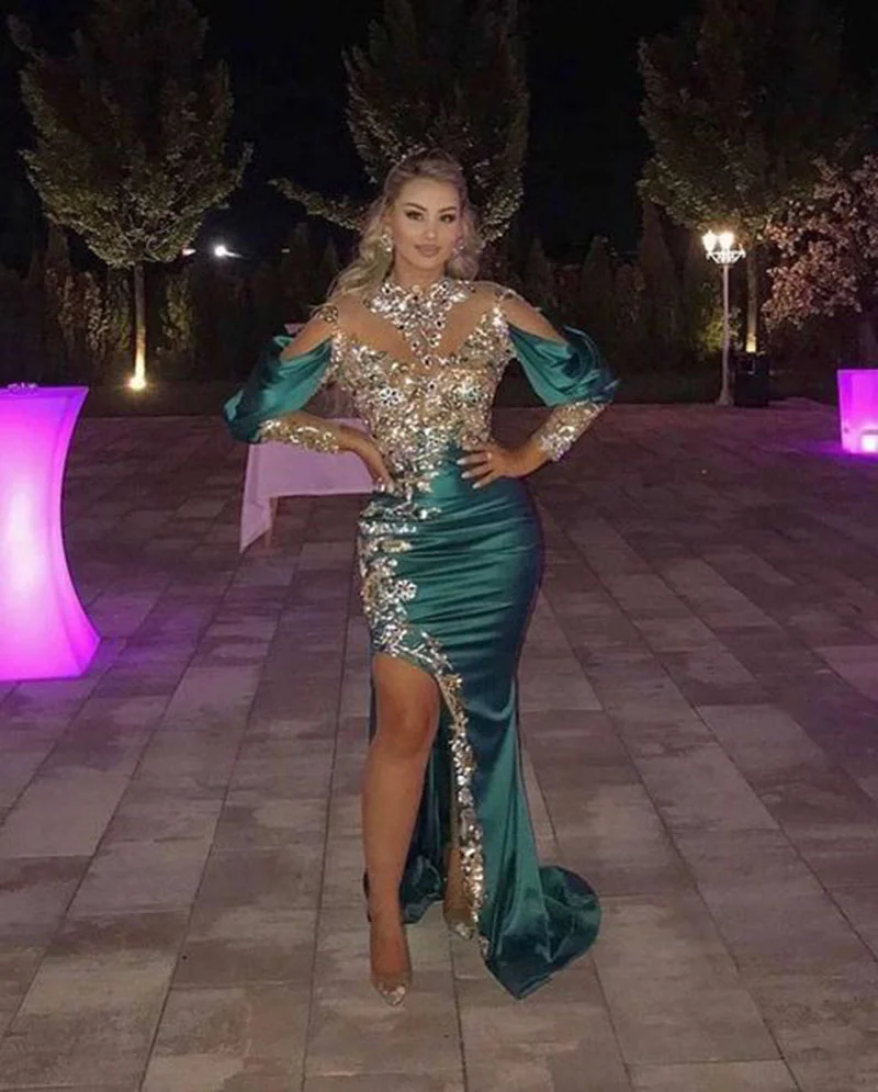 Green Satin Gold Decal Sequin Beaded High Neck Evening Dress Long Sleeve Mermaid Side Split Prom Dresses فساتين السهرة 2023