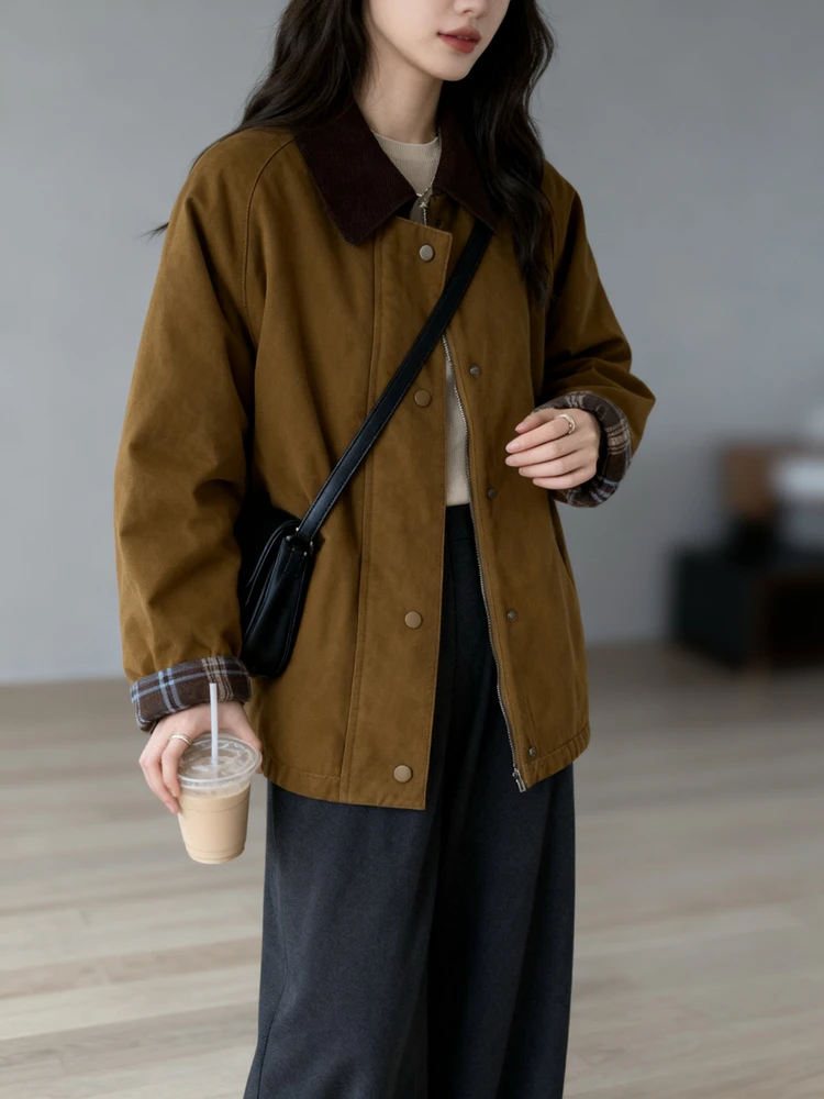 

Retro Japanese Sle Workwear Cotton Jaet Women's Winter Thiened Loose Fit Color Blo Collar Coat Zipper Closure Long Sl...