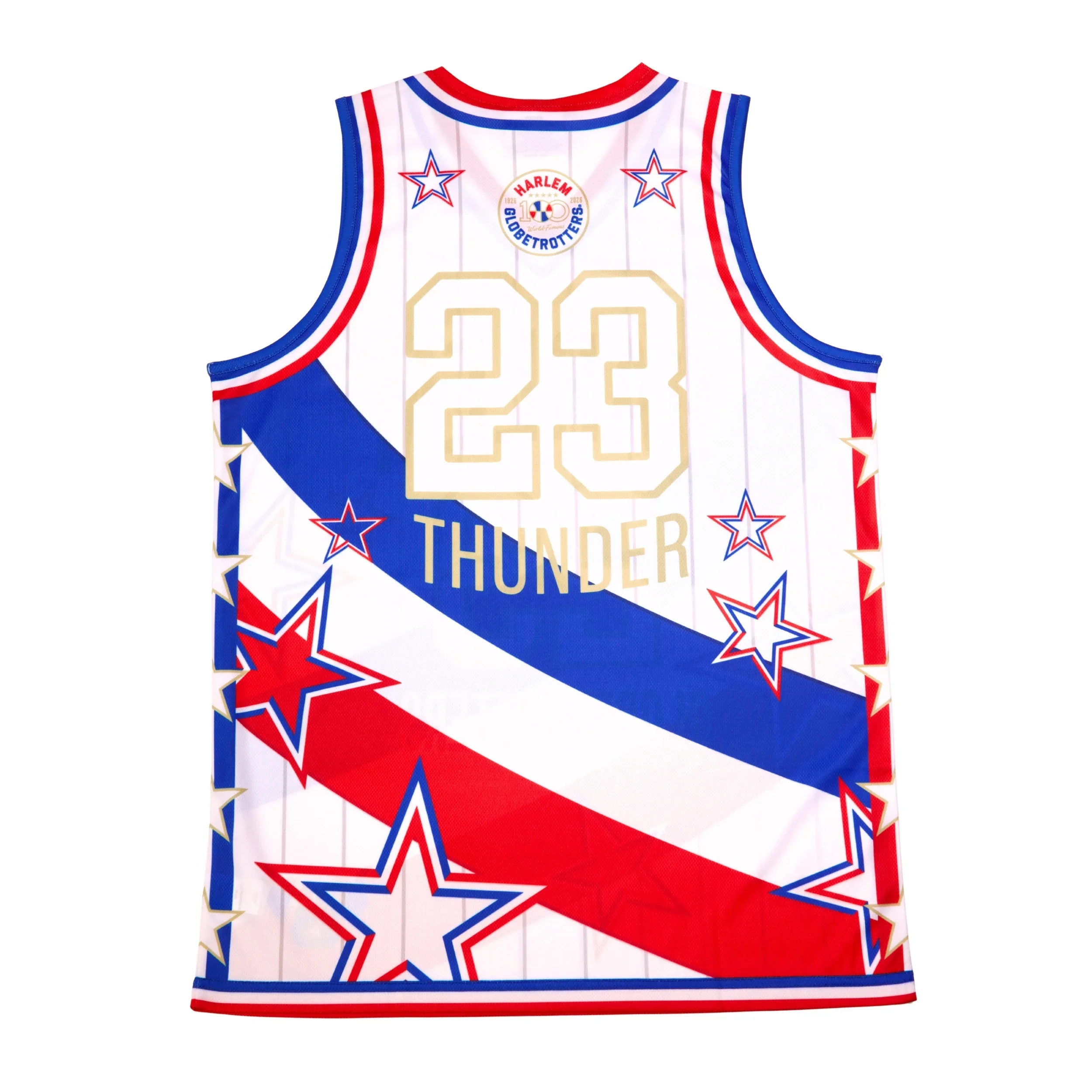 Harlem Globetrotters' Thunder '# 23 Basketball Suit White and Red/Blue Star Printed Breathable Home Mesh