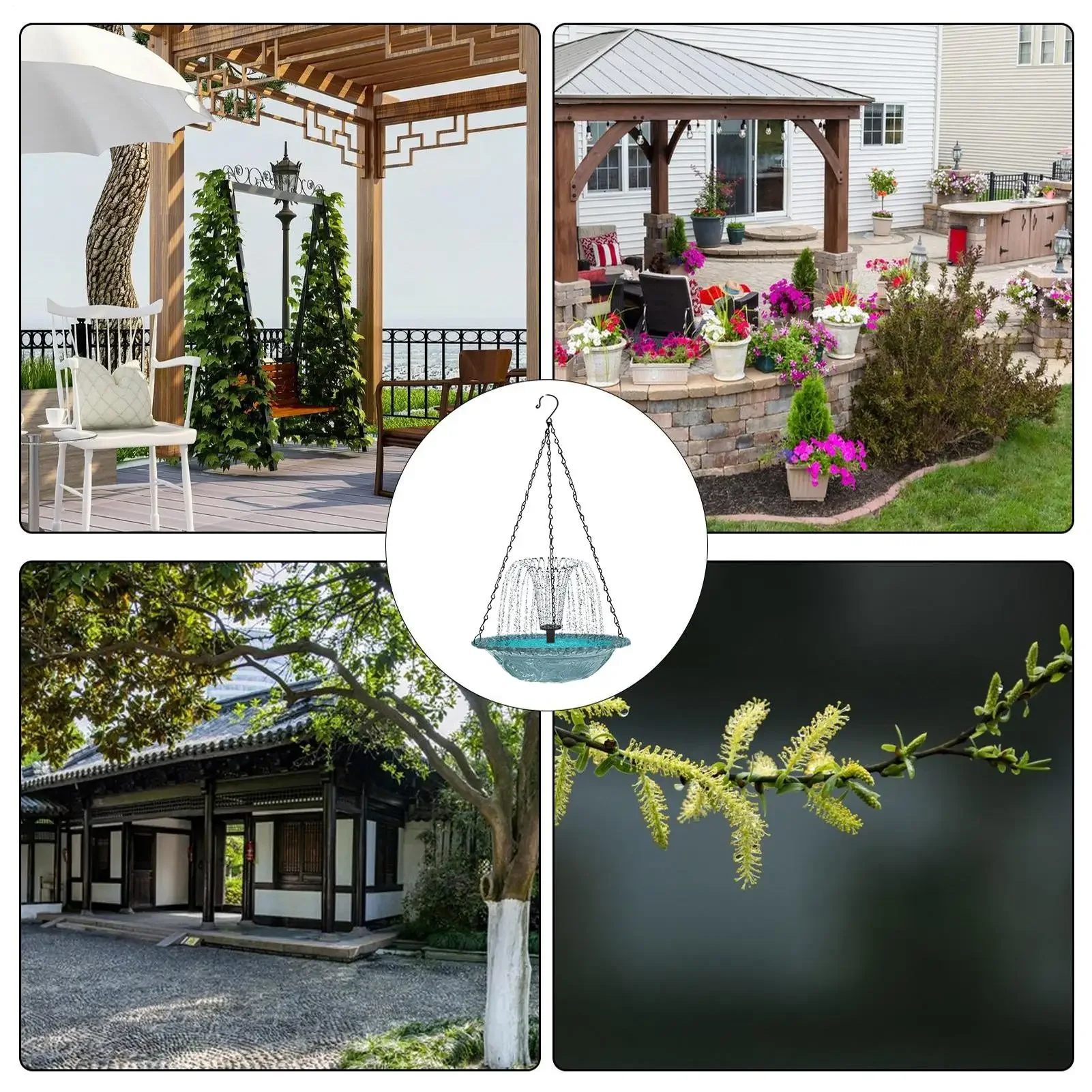 1pcs Hanging Bird Bath with Solar Water Fountains Multi-Functional Bath Hummingbird Bowl Outdoor Feeder and Drinking for Bird