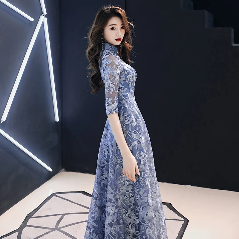 Vintage High Neck Lace Evening Gowns With Half Sleeves A-line Long Evening Dresses For Women