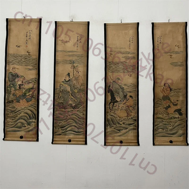 China Old Scroll Painting, Four Screen Paintings, Middle Hall Hanging Painting, Tang Yin's Eight Immortals Crossing the Sea