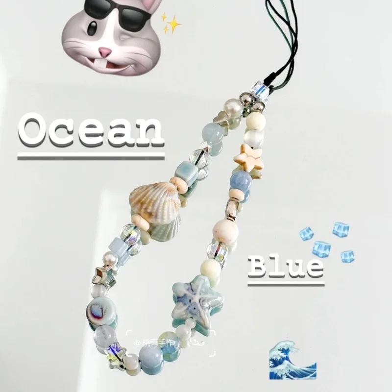 

1 Piece Ocean Blue Camera Lanyard Shell Bead Short Charm Strap for Phone Earphone Sweet Fresh Blue Color Anti-Loss Phone Lanyard